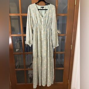 NWOT Elegant Long Sleeve Floral Maxi Dress in Light Green